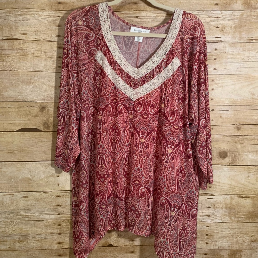 Skye’s The Limit Pink Paisley Tunic Top Crochet V-Neck Built-In Tank EUC Size 2X